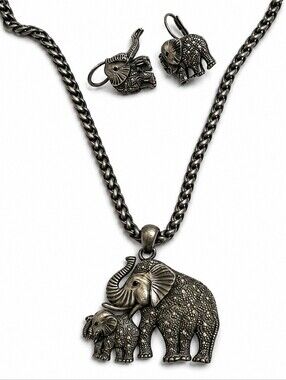 Vintage Gunmetal Silver Rhinestone Elephant‎ Necklace and Earring Set Signed "X"